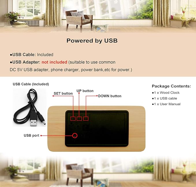 Alarm Clock Wooden Digital Clock Modern Decorative Electronic LED Desk Clock Display Time Date Temperature Humidity 3 Alarms Brightness Adjustable for Home Office Bedroom(Beige,White)