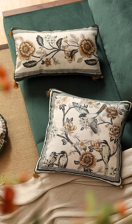ISAENNE Design Linen Chinoiserie Rectangle Throw Pillow Covers 12"x20" Pack of 2, Farmhouse Cushion Covers with Yellow Floral Pattern Decoration Pillowcases for Bed,Living Room,Outdoor,Car