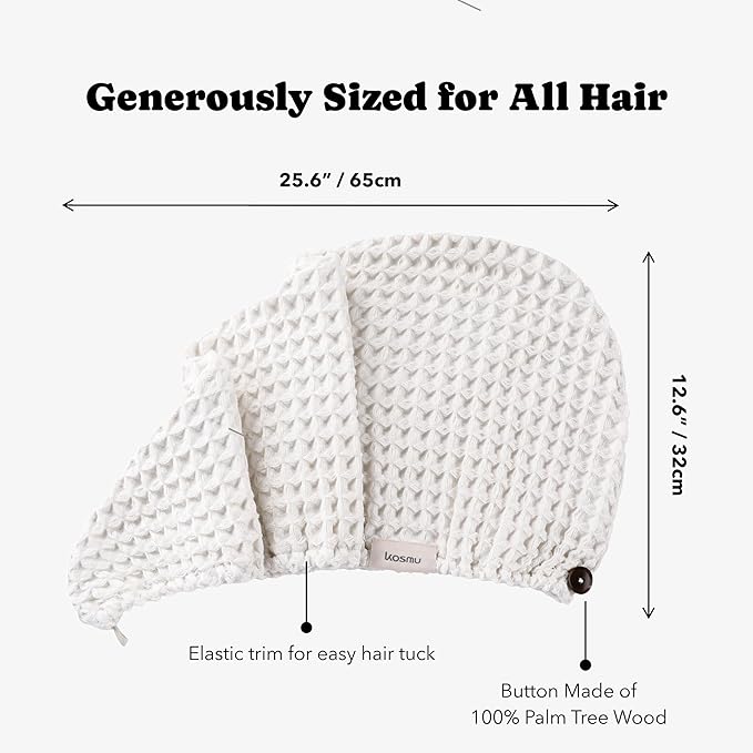Luxury Organic Japanese Cotton Hair Drying Waffle Towel Wrap for Women | Absorbent, Quick-Dry Head Turban for Shower, Sauna, Spa | Extra Large for Long, Curly, Straight Hair With Button (White, 2 Pc)
