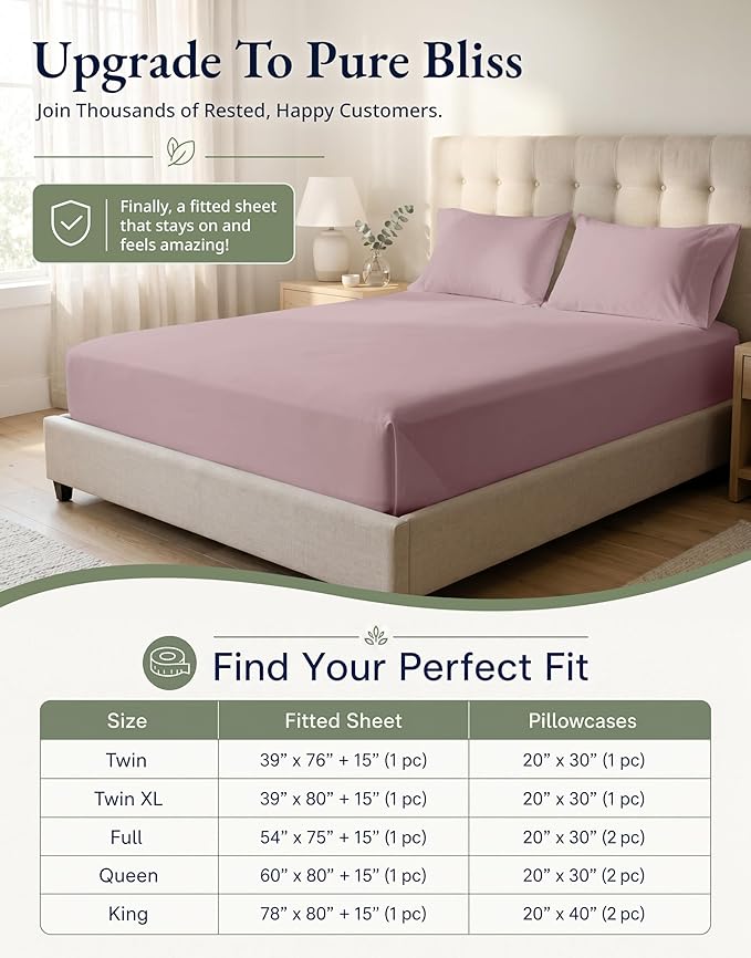LANE LINEN 100% Organic Cotton Fitted Bed Sheets (+Pillowcase) 3 Pc Set Soft & Comfy Fully Elasticized Mercerized Cotton Deep Pocket Queen Fitted Sheet Fits Mattress Upto 15" Deep - Lilac