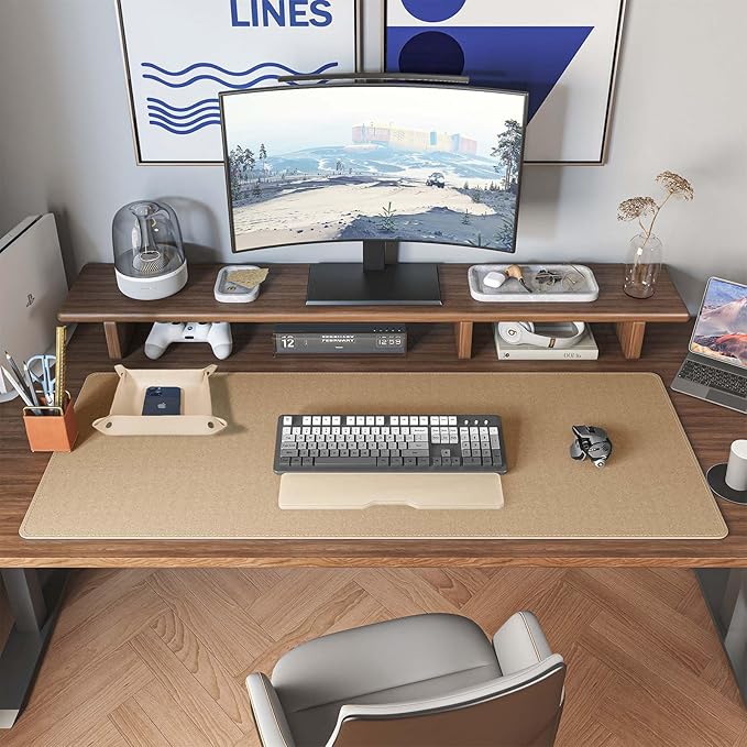 DAWNTREES Dual Sided Desk Mat,Leather Desk Pad,47.2''x15.8'',Cork Desk Mat Protector,with PU Leather Valet Tray Organizer,Large Mouse Pad,Desk Writing Pad for Office and Home(Khaki)