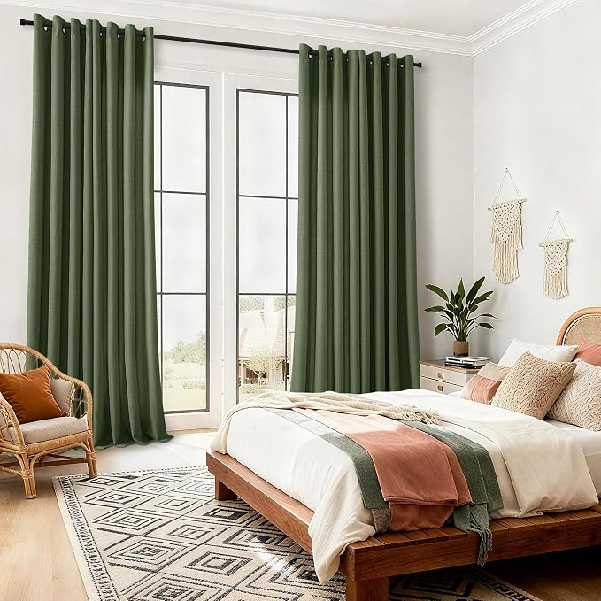 Dark Olive Green Curtains for Living Room 96 Inches Long 2 Panels Set Semi Sheer Light Filtering Bronze Grommet Elegant Boho Farmhouse Drapes Linen Burlap Bedroom Window Curtains Moss Green
