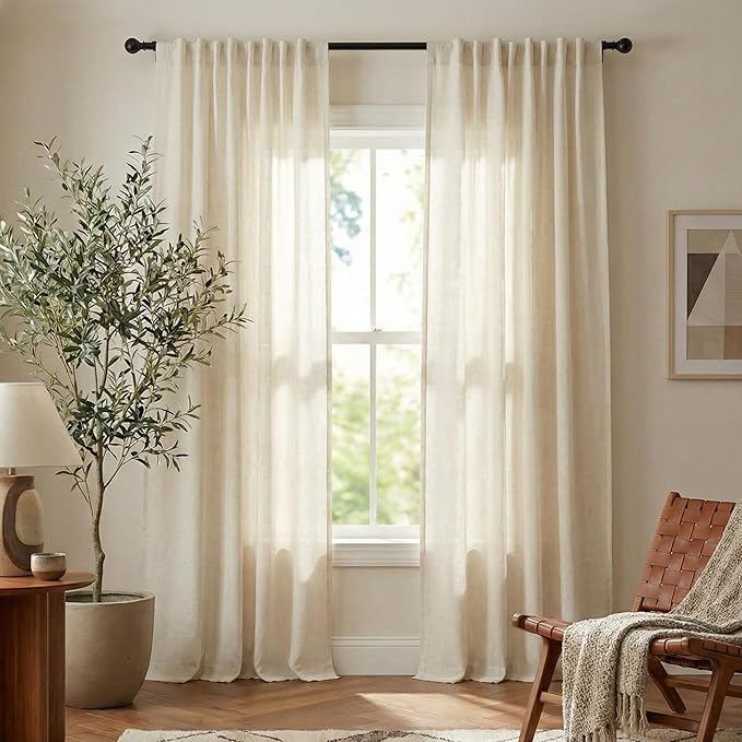 NICETOWN Natural Thick Linen Curtains 108 inches Long for Bedroom, Pinch Pleated/Rod Pocket/Back Tab Privacy Added Window Treatments with Light Filtering for Living Room, W52 x L108, 2 Panels