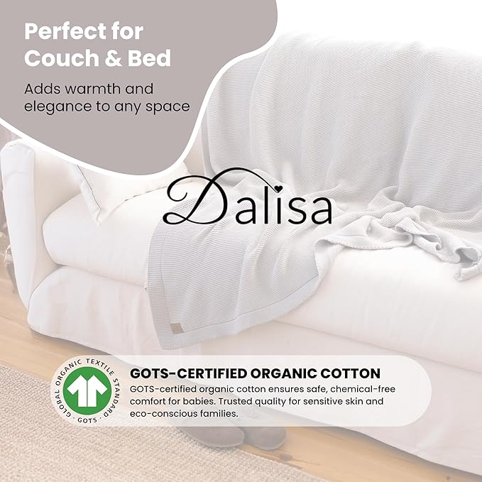 Dalisa 100% Organic Turkish Cotton Throw Blanket - GOTS Certified, Cozy - Perfect for Couch, Bed, and Home Decor - Boho Vintage Knit Alina (Harbor Mist, 60x80)