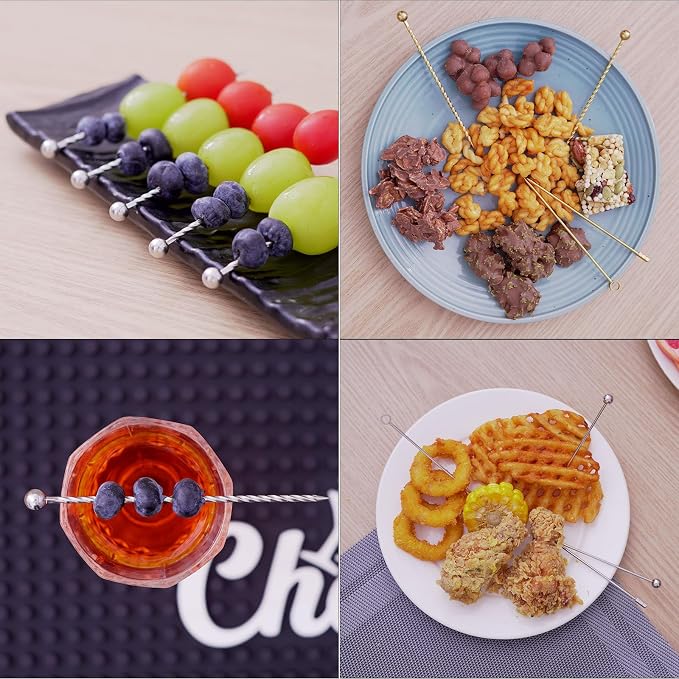 Lexenic 12Pack Metal Cocktail Picks + Holder Kit, Premium 304 Stainless Steel Cocktail Toothpicks,Reusable Skewers,Garnish Picks, Martini Picks for Olives Appetizers Fruit (4 Styles Silvery)