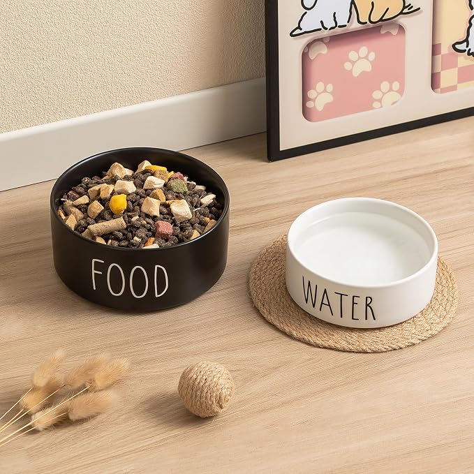 Ceramic Dog Bowls Set of 2 - Weighted Dog Dishes with Food & Water Lettering for Small and Medium Dogs, Food Grade Pet Bowl, Dishwasher & Microwave Safe (6 inch, 2 * 30oz, White)