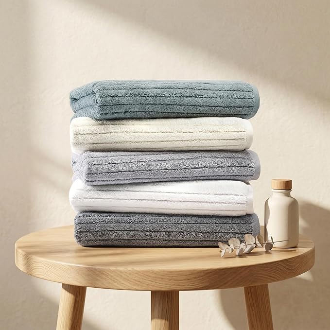 BIOWEAVES 100% Organic Cotton 6-Piece Luxury Bathroom Ribbed Towel Set GOTS Certified 700 GSM, 2 Bath Towel, 2 Hand Towel & 2 Wash Cloths - Lunar Rock