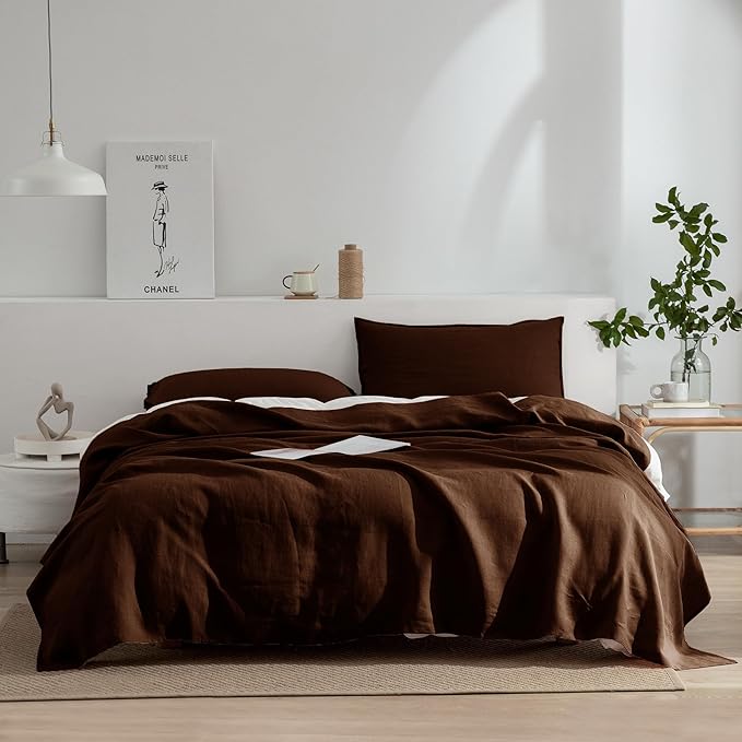 EVERLY Linen Sheets Set King Size,100% French Stonewash Pure Linen Bed Sheets,4Pieces (1Flat Sheet,1Fitted Sheet,2Pillowcase) Suitable for Hot Sleepers,Deep Pocket Natural Bedding Set-Chocolate