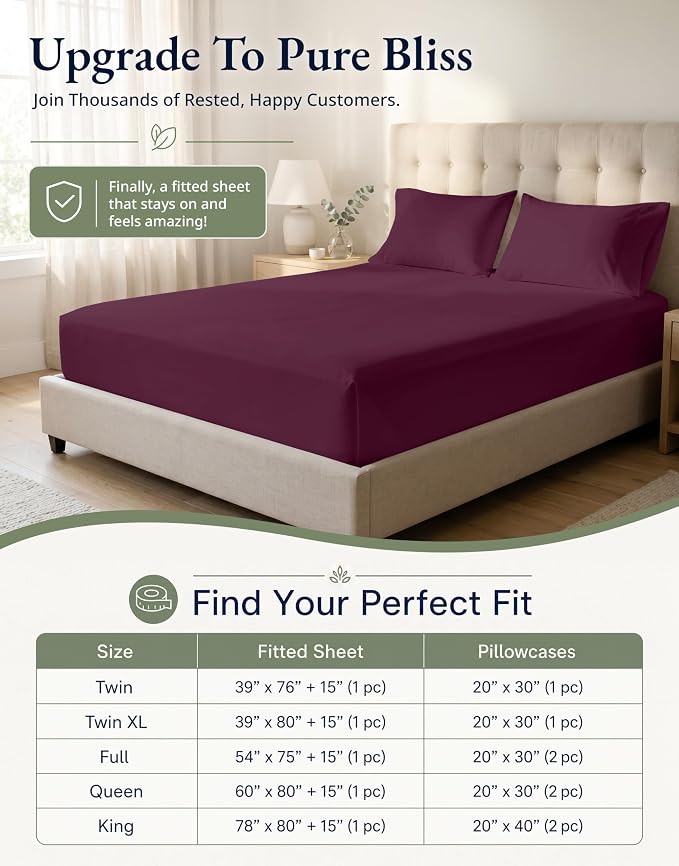LANE LINEN 100% Organic Cotton Twin Fitted Sheet, 2-Piece Set (1 Fitted Sheet, 1 Pillowcase), Percale Weave, Lightweight, Soft, Breathable, Fits Mattress Upto 15' Deep - Windsor Wine (No Flat Sheet)