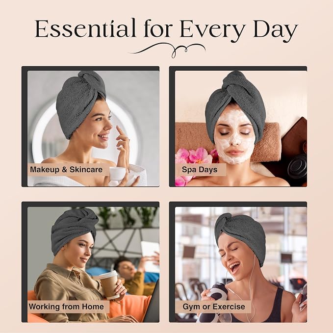Lili&James Cotton Hair Towel Wrap for Women/Kids | Quick Dry, Soft & Absorbent 420 GSM Hair Wrap Towels with Double Button | Anti Frizz, Non Microfiber Hair Turbans for Curly, Long Hair (Grey)