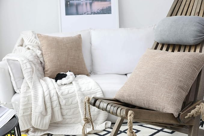 Kevin Textile Pillow Covers Star Faux Linen Cushion Cases Super Soft Throw Pillow Sham for Bedroom/Sofa/Car, 2 Pcs, 24"x24", Natural Linen