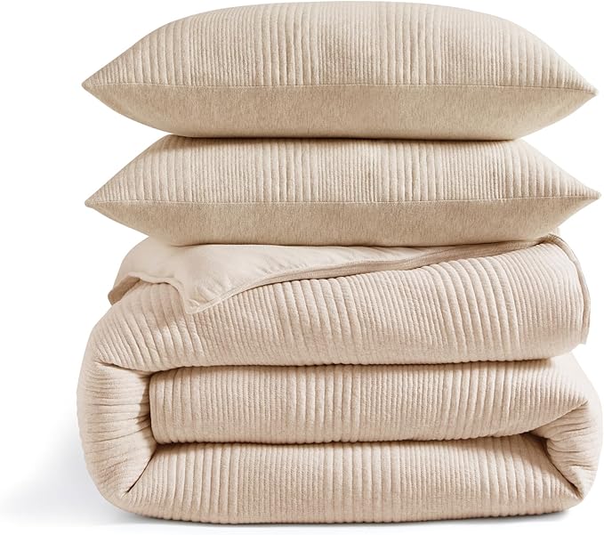 Duvet Cover Set - Full/Queen, Soft Jersey Knit Bedding - 3 Piece - Oatmeal Beige