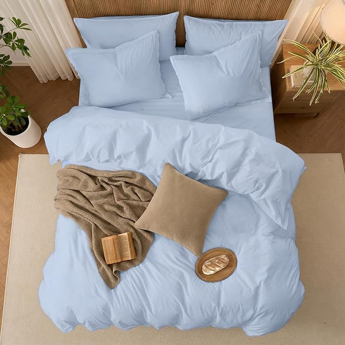 Duvet Cover Set Twin Size, 100% Washed Cotton, Light Weight Breathable Comforter Cover Linen Feel, 2PCs Breathable Bedding Set for All Season, Blue 68"x90"