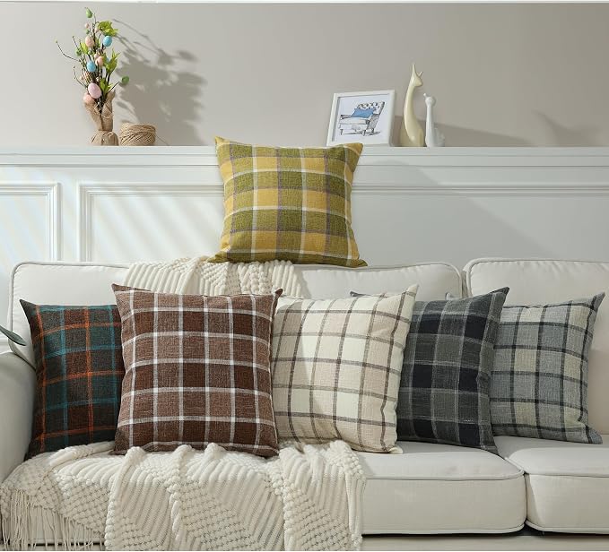 Stellhome Pack of 2 Linen Buffalo Check Throw Pillow Covers, Farmhouse Plaid Decorative Cushion Covers for Couch Sofa Living Room, 22x22 Inch, Dark Grey