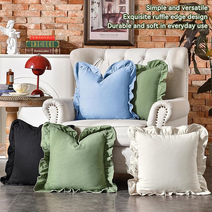 AmHoo Pack of 2 Throw Pillow Covers 100% Cotton Pre Washed Ruffle Decorative Pillowcase Cushion for Couch Sofa Bedroom 16 x 16-Inch Light Blue