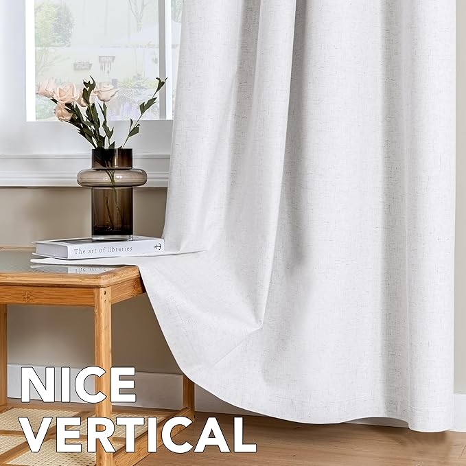 H.VERSAILTEX Linen Curtains 100% Blackout Curtains for Bedroom 90 inch Long Full Light Blocking Nature Linen Blended Window Curtains for Living Room Nickel Grommet (2 Panels, Heathered White)