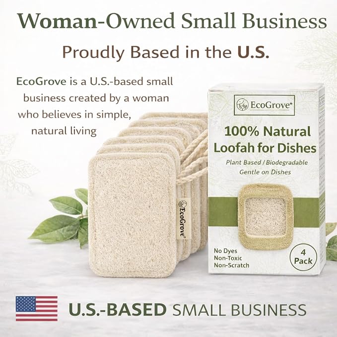 Natural Loofah Dish Sponge 4 Pack – 100% Plant-Based Loofah Kitchen Sponge for Dishes, Pots & Pans – Biodegradable Non-Scratch Dish Scrubber for Nonstick Cookware, Sink & Everyday Kitchen Cleaning