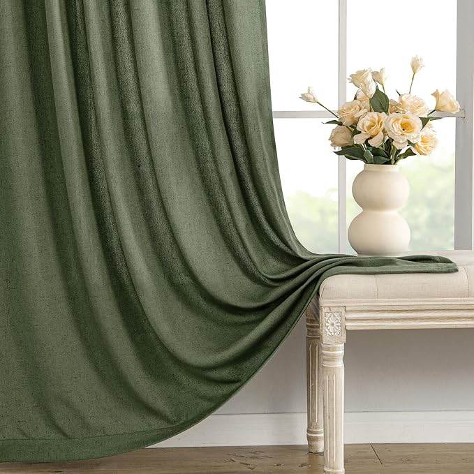 MIULEE Non-See-Through Privacy Linen Curtains 2 Panels, Light Filtering Window Curtains Farnhouse Textured Back Tab Semi Sheer Drapes for Bedroom Living Room, 52 x 108 Inches Long, Olive Green