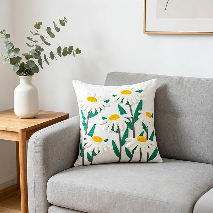 Embroidered Throw Pillow Cover 18x18 Inch,Cotton Canvas Floral Pillow Case, Daisy Wildflower Leaf Boho Farmhouse Decorative Cushion Square for Sofa Bedroom Living Room Outdoor Couch Farmhouse (A009)