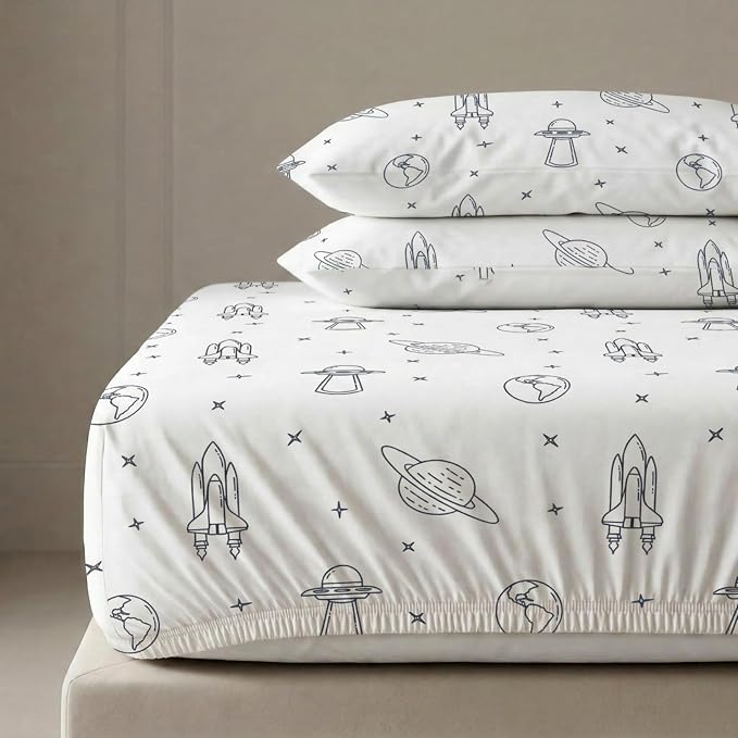 MakeMake Organics Organic Full Fitted Sheet Set GOTS Certified Organic Cotton Fitted Sheet with Pillowcase Ultra Soft Non Toxic Breathable Hypoallergenic Outer Space Celestial (Full, Astronaut)
