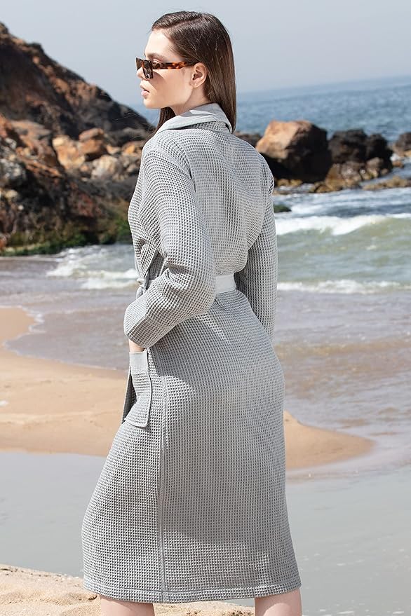 SEYANTE Women's Organic Cotton Waffle Kimono, Hooded Robe – GOTS Certified Lightweight Full-Length Spa Bathrobe with Piping