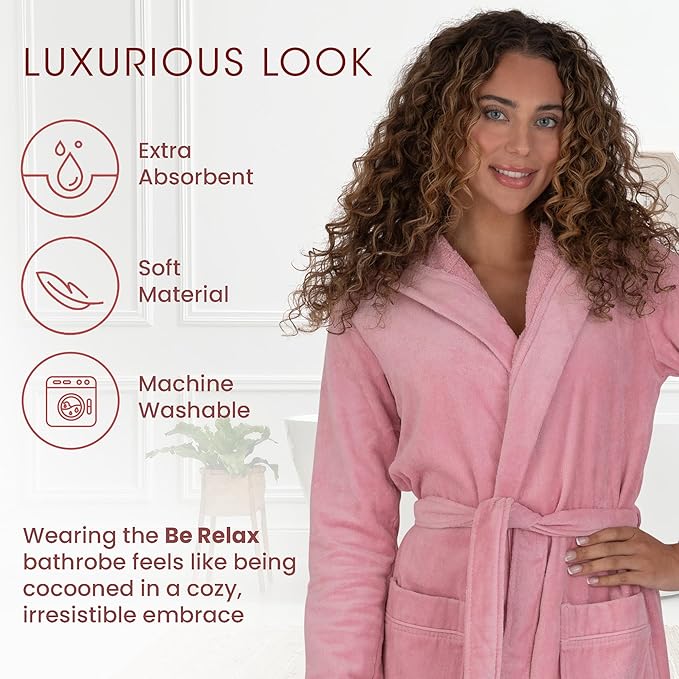 Be Relax Bathrobe for Women - Full Length Terry Cotton Robe with Shawl Collar and Hood, Warm and Cozy Robe with Belt & Pocket
