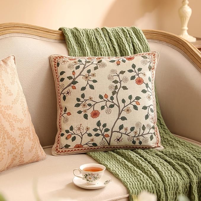 ISAENNE Design Linen Classic Throw Pillow Covers 18"x18" Pack of 2, French Farmhouse Square Cushion Covers with Orange White Floral Pattern Decoration Pillowcases for Bed,Living Room,Outdoor,Car