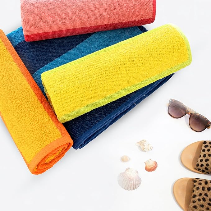 CASA COPENHAGEN Malibu Beach Towels Designed in Denmark Rough and Tough, Quick Dry, for Pool, Bath & Shower 30x60 inches 4 Pieces Cotton Beach Bath Towels Set - Orange, Blue, Pink, Green