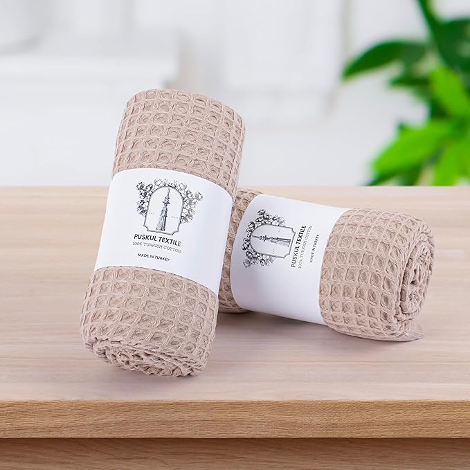 PÜSKÜL Pack of 2 Waffle Bath & Spa Towels - Premium 100% Turkish Organic Cotton - Quick Dry Thin Bath Towel for Bathroom - Made in Turkey (Beige, 32x63 inch)