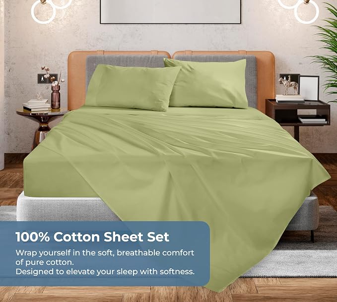 ROYALE LINENS 100% Organic Cotton King Sheet Set - Percale Weave - 4 Pieces Set - 1 Flat, 1 Deep Pocket Fitted Sheet and 2 Pillowcases - Sage Green Bed Sheets - Sábanas King - Crisp Cool (Sage Green)