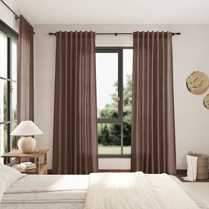 Nanspring Mocha Mousse Curtains 96 Inch Long 2 Panel Set Back Tab Rod Pocket Linen Textured Light Filtering Linen Textured Boho Aesthetic Room Decor for Bedroom and Living Room 8Ft 52x96 Inch