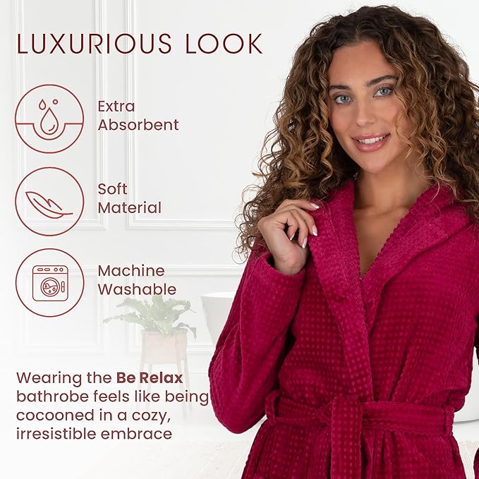 Be Relax Bathrobe for Women - Full Length Terry Cotton Robe with Shawl Collar and Hood, Warm and Cozy Robe with Belt & Pocket