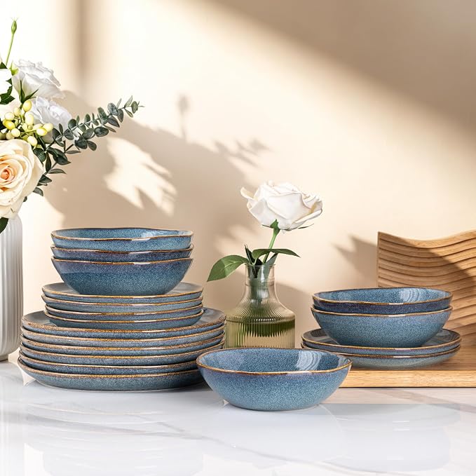 AmorArc Ceramic Dinnerware Sets,Handmade Reactive Glaze Stoneware Plates and Bowls Sets,Highly Scratch Resistant | Dishwasher & Microwave Safe Dishes Set,Service for 6 (18pc)