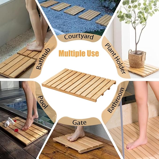 Rectangle Shower Mat Bamboo, Stable Bath Mat Dual Anti-Slip for Surface Bottom, Wide Slats Hollow Bathroom Drain Board for SPA Zone(Natural)
