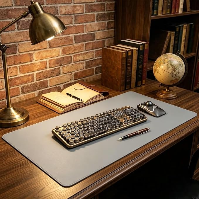 Leather Desk Pad Protector, 15.5'' x 49'' Large Mouse Pad, Office Table Mat, Non-Slip PU Leather & Suede Base Table Blotter, Laptop Desktop Pad, Desktop Mat for Office Home, Gray