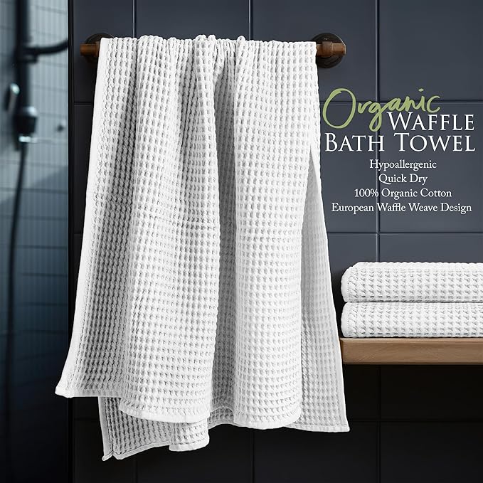 Softerry European Waffle Weave Bath Towel Set - 100% Organic Cotton - Quick Dry Lint Free Thin and Absorbent - Fade Resistant - Eco-Friendly (Set of 4 Bath, White)