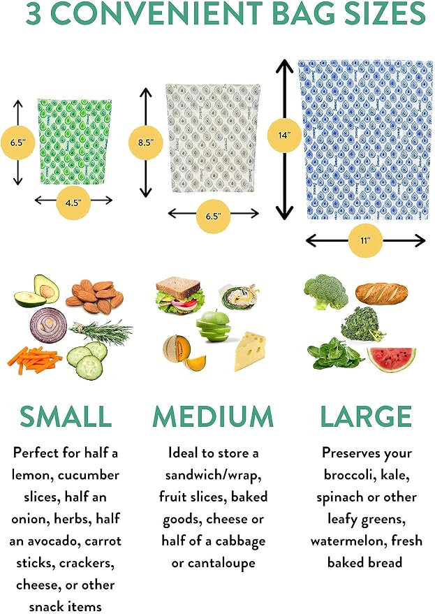 BeeBAGZ - Beeswax Wrap Storage Bag, Vegan Reusable Food Storage Bags, Pack of 2, Plastic Free Biodegradable Food Wrap Alternative, Snack Pack, 1 Small + 1 Medium, (Multicolors)