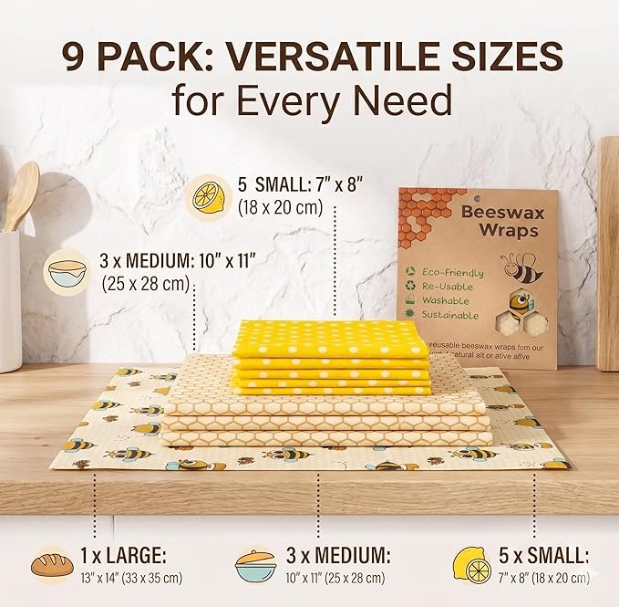 Beeswax Wraps for Food - 9 Pack Reusable Food Wraps | Sustainable, Plastic-Free Alternative to Plastic Wrap & Foil | Sandwich, Cheese, Bread & Bowl Covers for Eco-Friendly Food Storage