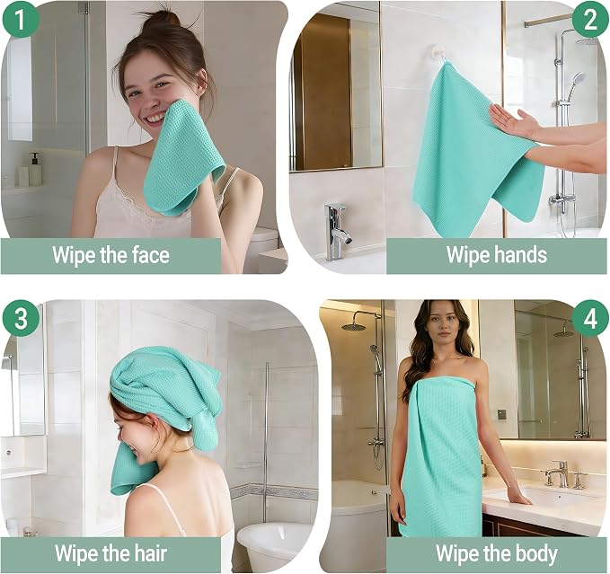MICROFI Waffle Weave Bath Towel Set, Microfiber, 4 Pieces (Body/Hair/Hand/Face), Quick Dry, Lightweight, Super Absorbent, Lint Free, 380 GSM (Turquoise)
