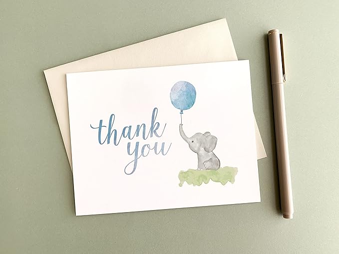Elephant Baby Shower Thank You Cards - Set of 10 Elephant Thank You Baby Shower Cards With 10 Envelopes - Thank You Cards With Elephants - Designed, Printed and Packaged in the USA by Palmer Street Press (Blue)
