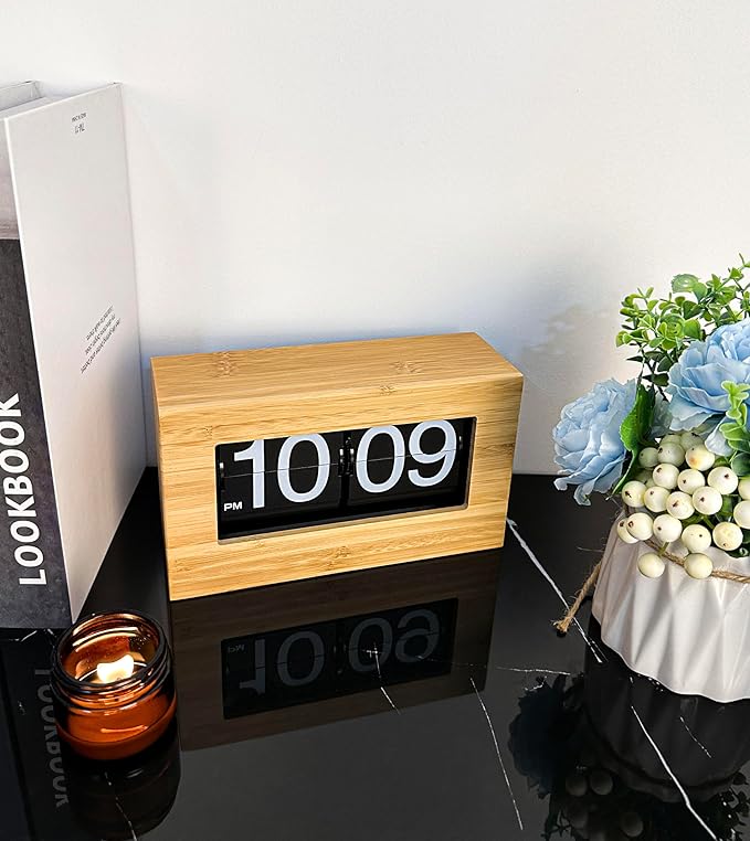 Bamboo Flip Clock,Retro Digital Flip Down Clock,Flip Desk Clock,Retro Vintage Design Auto Flip Clock Desk Clock Table Clock,Battery Operated Digital Display,Decorations(No battery included) (black)