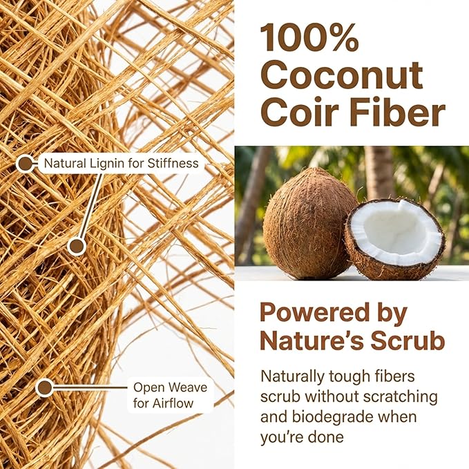 SQUIRREL Natural Coconut Coir Fiber Kitchen Scrubbers 12 Pack Biodegradable Non Scratch Dish Sponges for Eco Friendly Household Cleaning and Zero Waste Living