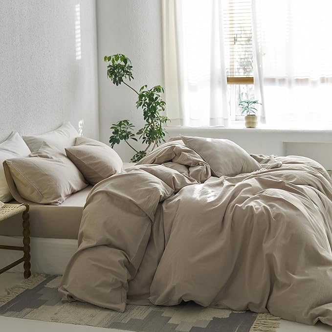 MooMee Duvet Cover Set, 100% Washed Cotton Linen Like Twill Thick Sturdy Material Soft Breathable Durable Bedding for All Season, 3 Pieces (Tannish Linen LikeGrey, Oversized King 120"x98")