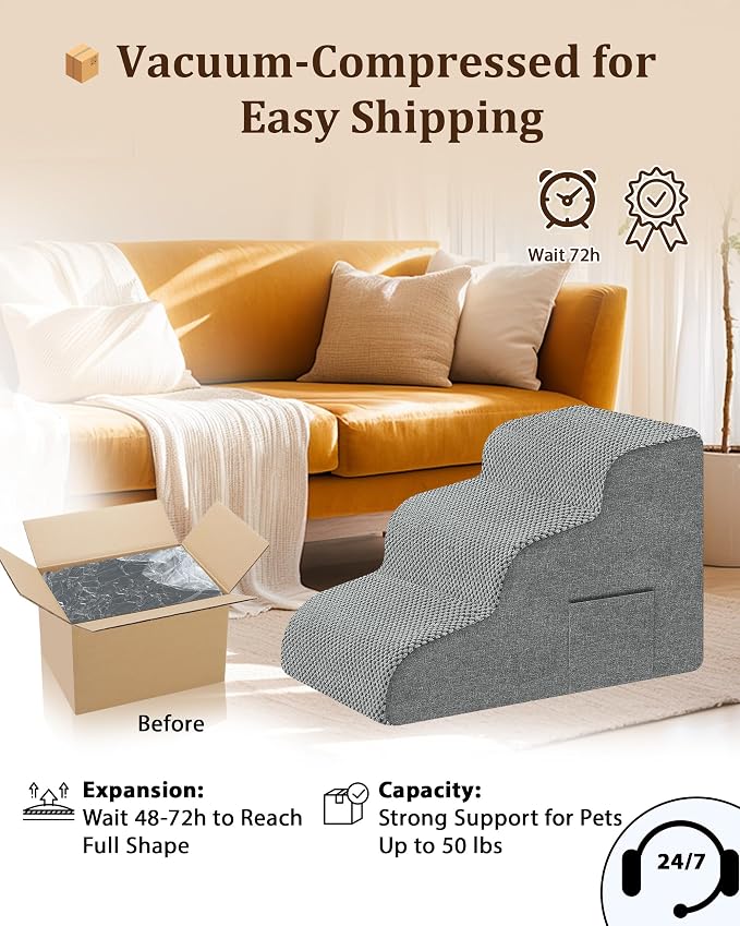 Dog Stairs for Bed & Couch, 15.7"H 3-Step High Density Foam Dog Steps for Small & Senior Dogs, Non-Slip Stable Pet Stairs for Sofa, Bedside, Balanced Bedroom Doggy Ramp with Removable Cover