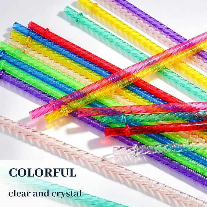 50PCS Reusable Straws with Cleaner Brush, 12.2" Long Colorful Clear Hard Plastic Swirl Drinking Straws for Stanley, YETI, Starbucks, Owala 30 oz 40 oz Tumblers, Jars, Cups
