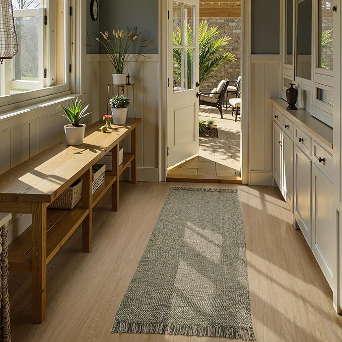Collive 2x6 Hallway Runner Rug, Hand-Woven Washable Reversible Entryway Runner Rug, Natural/Green Cotton Farmhouse Laundry Room Rug Modern Long Carpet for Bedroom Bathroom Sink Foyer