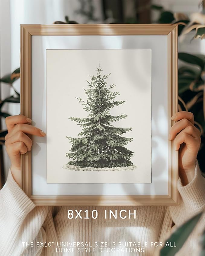 Vodefoad Vintage Christmas Tree Wall Art Retro Neutral Antique Holiday Christmas Tree Painting vintage Christmas Pine Tree Art Prints Painting Vintage Christmas Decor for Holiday - 8x10Inch Unframe