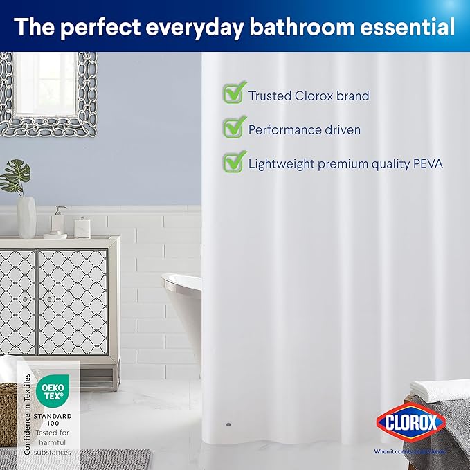 Clorox Shower Curtain Liner, Premium Lightweight Flexible Waterproof 3g PEVA for Bathroom with Weighted Magnets, Standard Size 70" x 72", White 2 Pack