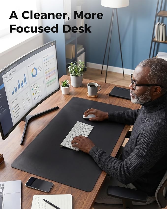 Aothia Cork Desk Mat - Dual-Sided XL PU Leather Desk Pad & Full Desk Protector, Large Waterproof Desktop Mat for Office & Gaming (47" x 23.6", Black)