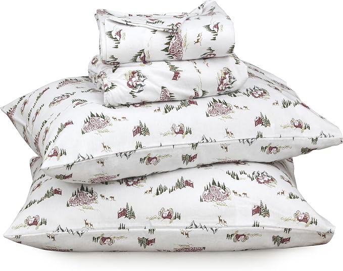 RUVANTI Flannel Sheets Queen Size - 100% Cotton Double Brushed Bed Sheets, Deep Pockets 16 Inches Queen Sheet Set, All Seasons Breathable & Extra Soft - Warm & Cozy, 4 Piece, Hilly Huts